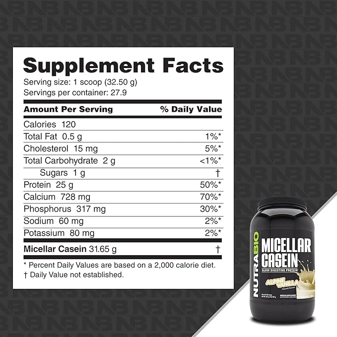 NutraBio Casein Protein Powder, Micellar Casien Powder, 25g Slow Digesting Protein, Helps Keep You Full, Overnight Muscle Recovery & Growth, BCAA & EAA, Gluten Free, Soy Free, 2lb Vanilla