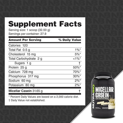 NutraBio Casein Protein Powder, Micellar Casien Powder, 25g Slow Digesting Protein, Helps Keep You Full, Overnight Muscle Recovery & Growth, BCAA & EAA, Gluten Free, Soy Free, 2lb Vanilla