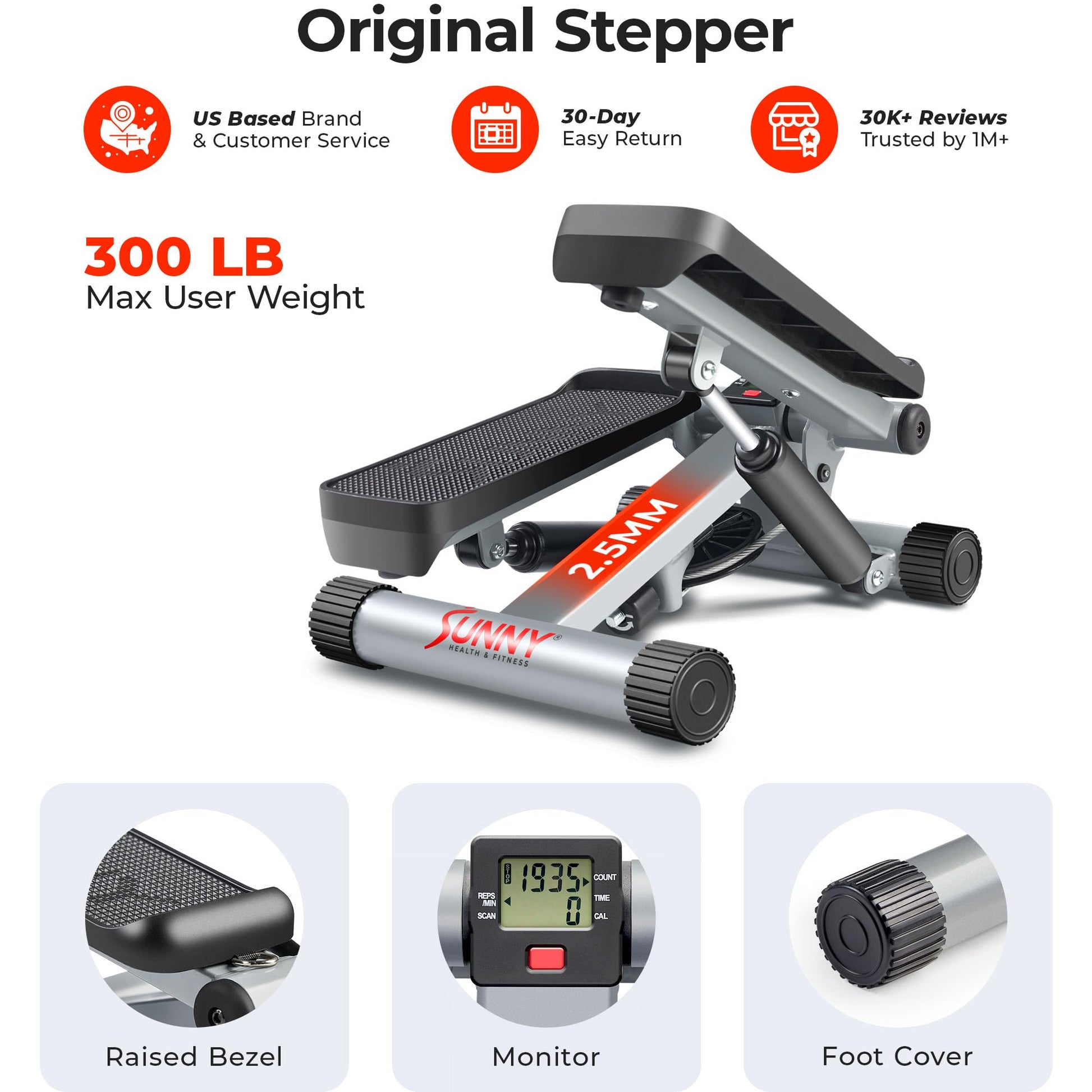 Sunny Health & Fitness Mini Stair Stepper with Resistance Bands for Cardio
