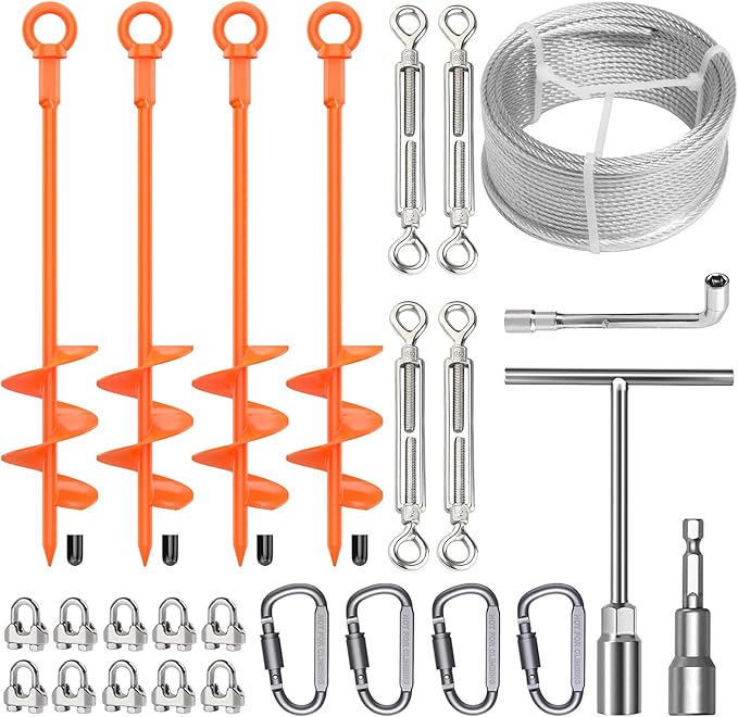 4 Pcs 18" Fully Welded Ground Anchors Shed Anchors Kit with 1/8" Galvanized Cable & Turnbuckles & Carabiners, Heavy Duty Earth Anchors for Sheds Trees Trampoline Greenhouse Swing Set Tent (Orange)