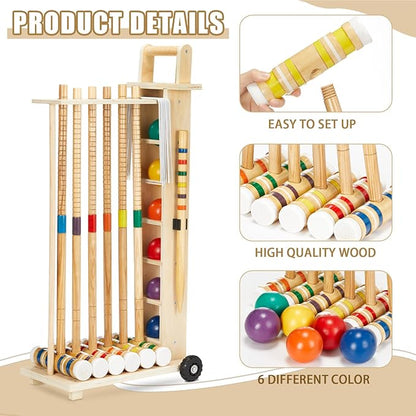 Hiboom 6 Player Croquet Set for Adults & Kids with Wooden Stand, Rubber Wooden Mallets, Colored Balls and Steel Wicket for Family & Friends, Great for Outdoor Lawn, Backyard Park
