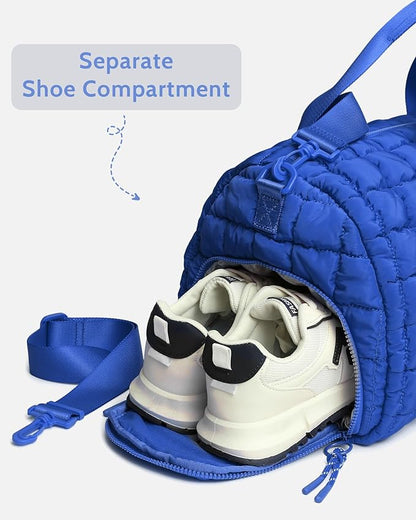 Quilted Duffel Travel Bag for Women, Puffer Gym Duffle Bag with Shoe Compartment Lightweight Large Crossbody Sport Bag Tote Blue