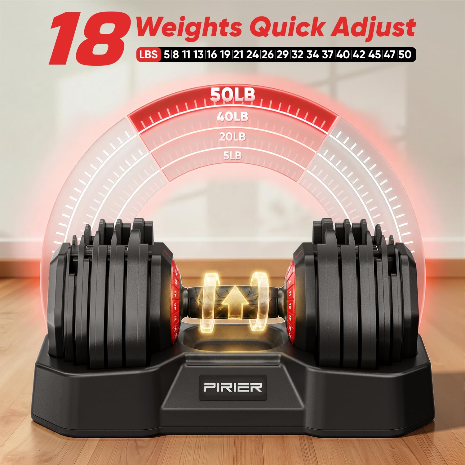 PIRIER Adjustable Dumbbell Set 50LB, 18-in-1 Free Weight Adjustable Dumbbells, One-Hand Twist