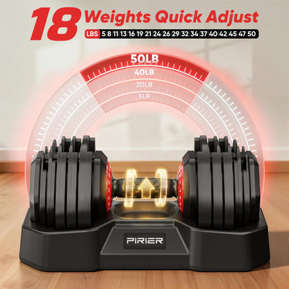 PIRIER Adjustable Dumbbell Set 50LB, 18-in-1 Free Weight Adjustable Dumbbells, One-Hand Twist