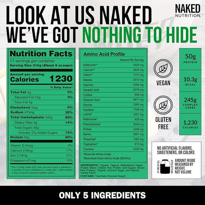 NAKED Vegan Mass - Vanilla Vegan Weight Gainer - 1,230 Calories, Non-GMO, Soy & Gluten Free, No Artificial Ingredients - 12LB Bulk - 17 Servings