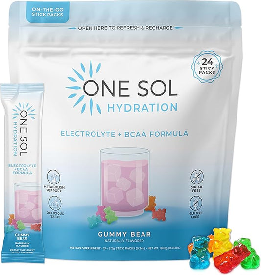 One Sol BCAA & Electrolyte Powder for Hydration & Energy, All-Natural Formula, 100% Vegan, Non-GMO, Gluten Free & Soy-Free, Promotes Muscle Growth & Recovery, Gummy Bear Flavor