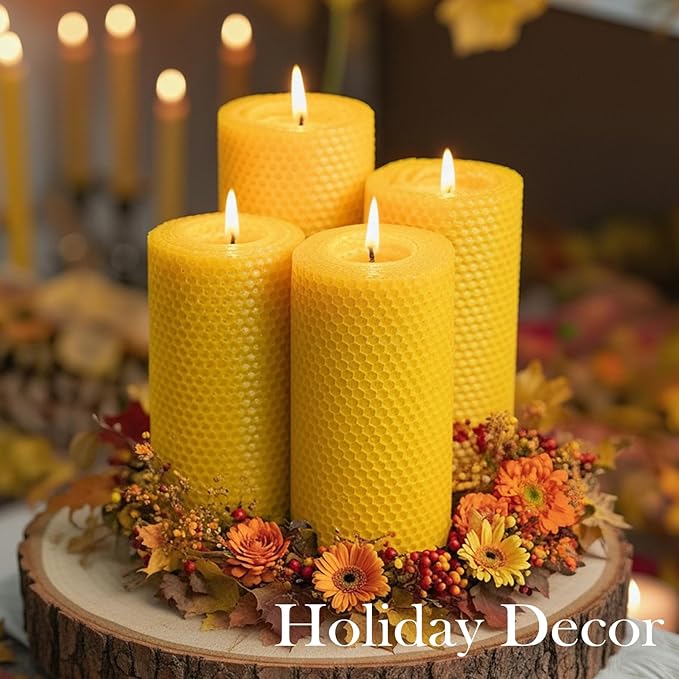 4 Packs 3x6 Inch Beeswax Candles, Large Honeycomb Beeswax Pillar Candles, 45 Hours Burn Time, Natural Pure Bees Wax Candle Handmade Gift for Home Decor, Candle Lovers, Air Purify