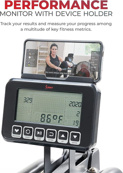 Sunny Health & Fitness Premium Water Rower w/Intensive Dynamic Real-Time Resistance, 300 LB Capacity Flip-able Rowing Machine for Home Training, Optional Free SunnyFit App Connection