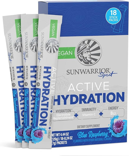 Sunwarrior Hydration Powder Electrolyte Packets Powder B12 Elderberry | Blue Raspberry Flavored 18 Stick Packs 126g Pouch | Vegan and Plant-Based Sugar Free