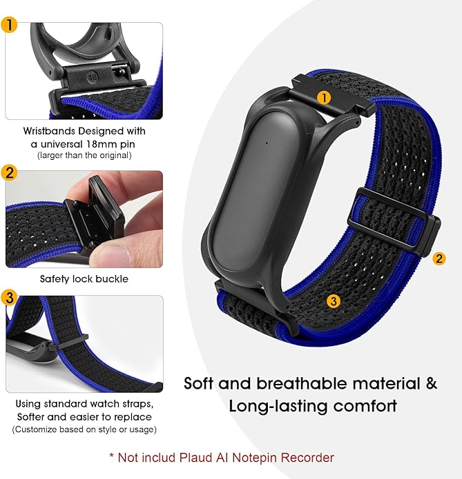 Adjustable Smartwatch Soft Woven Nyon Wristband + Protective Case Base fits for PLAUD AI NotePin Recorder,Upgraded 18mm Pin Notepin Strap for Easy Band Replacement
