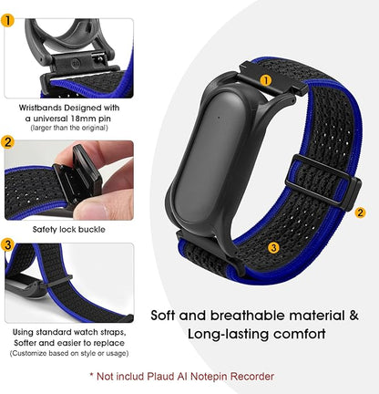 Adjustable Smartwatch Soft Woven Nyon Wristband + Protective Case Base fits for PLAUD AI NotePin Recorder,Upgraded 18mm Pin Notepin Strap for Easy Band Replacement