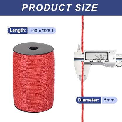 MECCANIXITY 3/16" Polypropylene Rope Braided Ropes, 328ft Camping Rope Hollow Utility Cord for Clothesline, Hiking, Outdoor, Red