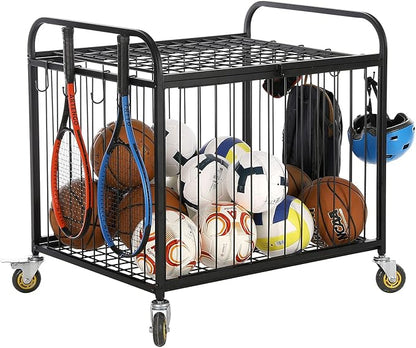 MyGift Large Capacity Metal Rolling Multi Sports Ball Cage Storage Hopper, Gym Equipment Basket Cart with Lockable Latch, Heavy Duty Caster Wheels, and 8 Accessory Hooks