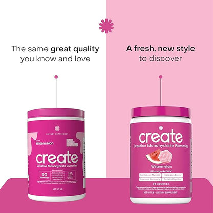 Create Creatine Monohydrate Gummies for Men & Women - Boost Focus, Strength, and Endurance, Anti-Melting Formula, Vegan, Gluten-Free, Non-GMO, 1.5 Gram Creatine per Gummy (Watermelon, 90 ct)