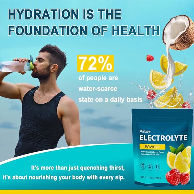 Airboy Electrolytes Powder No Sugar, Keto Electrolyte Mix, 1000 mg of Potassium, Low Sodium, Lemon Raspberry Flavor Hydration Drink Supplement for Dehydration Relief and Rehydration, 32Servings