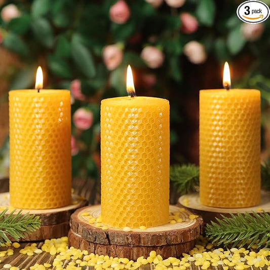 3 Pack Natural Beeswax Pillar Candles,Handmade Pure Beeswax Rolled Candle-60 Hours Long Burning,Honeycomb Bees Wax Candles for Home, Prayer,Dripless Smokeless Unscented Pillar Candle 2x4in