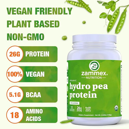 Zammex Organic Pea Protein Powder, 26g Proteins Per Serving,Plant Based 100% Vegan Canada Pea Powder, Gluten Free, Non-GMO,No Additives,Easy to Digest, 2.62lbs, Natural Flavor