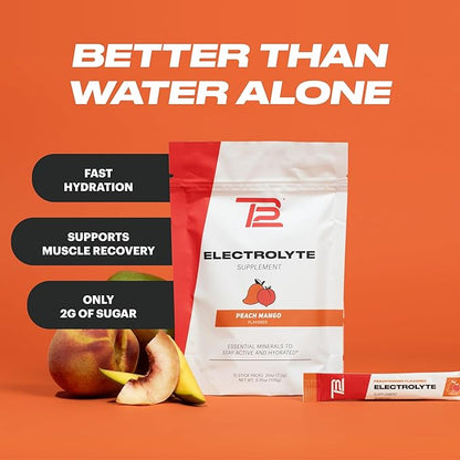 TB12 Electrolytes Powder Packets Peach Mango ??Mineral-Rich Electrolyte Powder for Fast Hydration by Tom Brady - Natural, Low Sugar, Vegan, Gluten-Free, Easy to Mix - 15 Stickpacks