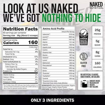 NAKED Whey Protein Supplement Powder, Chocolate, GMO Free, Soy Free, Gluten Free Aid Muscle Growth and Recovery 60 Servings, 5 Ib