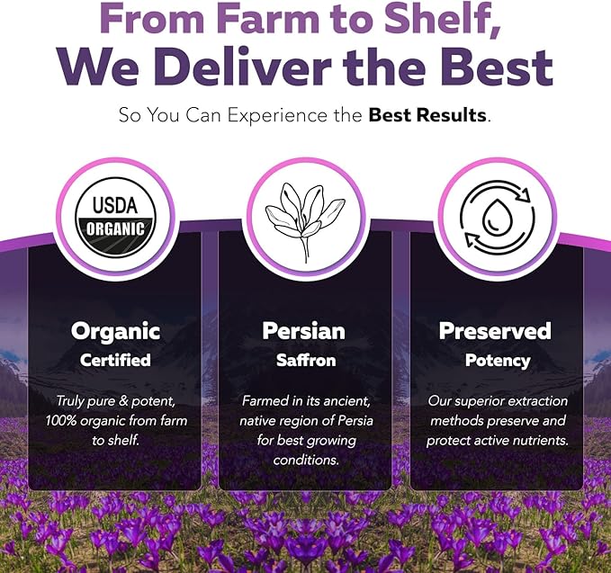 Organic Saffron Extract: Optimized Extract with Safromotivines, Safranal, and Crocins – Clinically Studied | Premium Persian Sargol Quality | Supports Mood, Calmness, and Relaxation – 2-Pack
