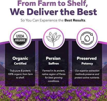 Organic Saffron Extract: Optimized Extract with Safromotivines, Safranal, and Crocins – Clinically Studied | Premium Persian Sargol Quality | Supports Mood, Calmness, and Relaxation – 2-Pack