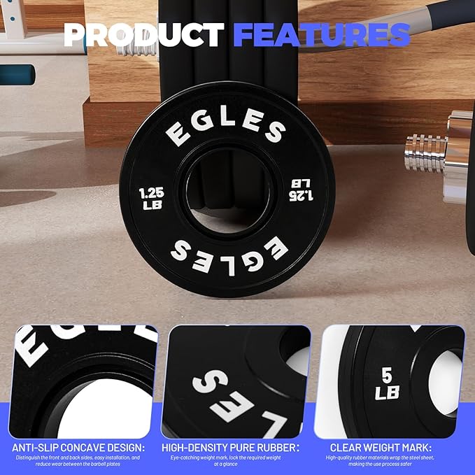 Egles Change Plates Set 1.25LB, 2.5LB, 5LB - Rubber-Coated Weight Plates in Pairs, Olympic Bumper Plates, Color-Coded, IWF Standard, Fit 2-Inch Barbells Strength Training Weight Plates Gym & Fitness