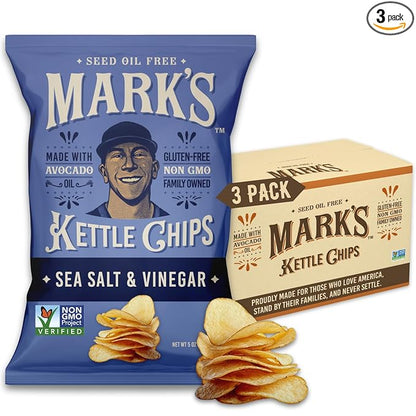 MARK’S Kettle Cooked Avocado Oil Potato Chips, Sea Salt & Vinegar – Seed Oil & GMO Free | Sea Salt and Vinegar, 5 oz (Pack of 3) | Gluten Free, Non-GMO, Chips for Clean & Healthy Snacking