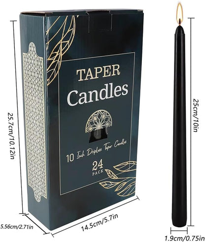 24 Pack Black Taper Candles, 7-8 Hours Burn Time, Unscented, Smokeless and Dripless, 0.75 x 10 Inch Dinner Candle Set for Halloween, Household, Wedding, Party and Home Décor Candlesticks