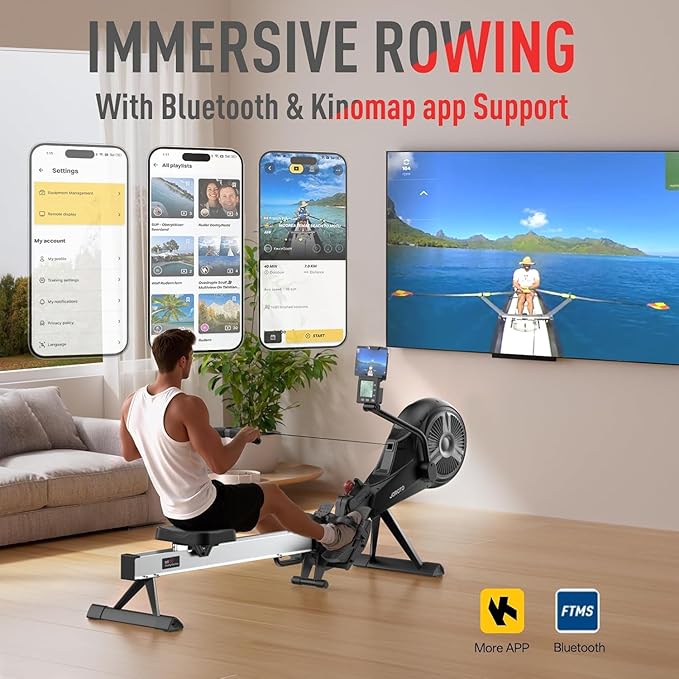 JOROTO Rowing Machine for Home Foldable, Air Magnetic Rowing Machines with 10-Level Adjustable Resistance, Quiet Ergonomic Seat，Bluetooth App, Max 350LBS, Space-Saving Home Gym, Gray