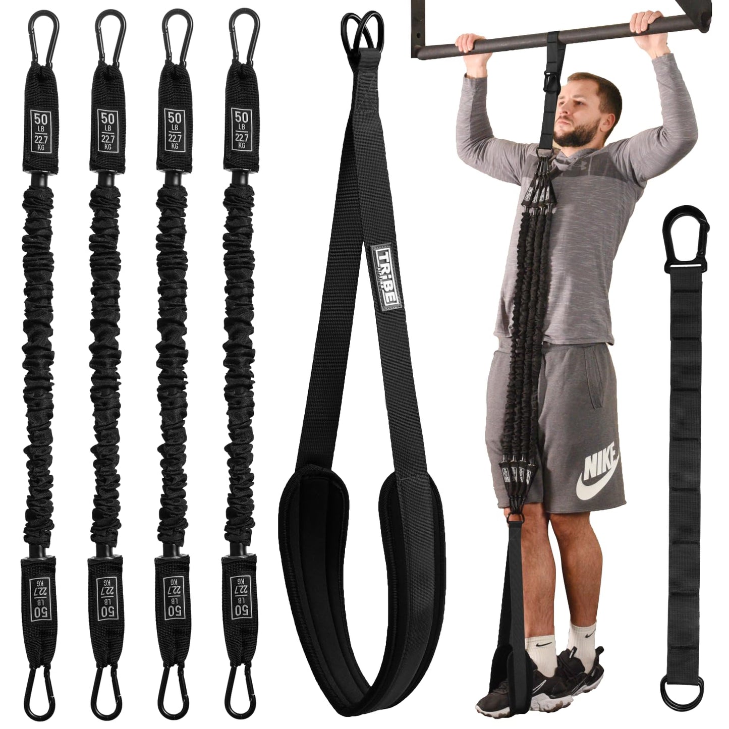 Pull Up Assistance Bands Set with 4 Levels, Adjustable Strap and Foot Rest