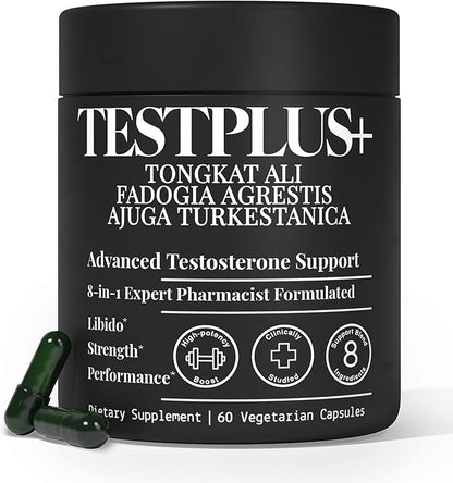 TESTPLUS+ 8-in-1 Testosterone Supplement for Men, 10X Strength Testosterone Booster, Libido Booster & Muscle Builder for Men, Tongkat Ali, Fadogia Agrestis, Turkestanica, Ashwagandha, Tribulus