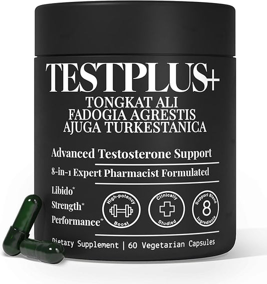 TESTPLUS+ 8-in-1 Testosterone Supplement for Men, 10X Strength Testosterone Booster, Libido Booster & Muscle Builder for Men, Tongkat Ali, Fadogia Agrestis, Turkestanica, Ashwagandha, Tribulus