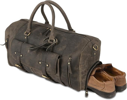 KomalC 24 Inch Leather Duffel Bags for Men and Women Full Grain Leather Travel Overnight Weekend Leather Bags Sports Gym Duffle for Men (Charcoal Black With Shoe Pocket)