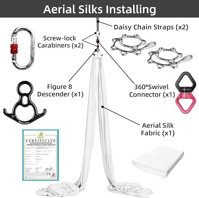 PRIOR FITNESS Aerial Silks Set, Professional Thicker Low Stretch Fabric 9/15/20 Yards Aerial Silk Swing Set with Hardware Guide, Yoga Starter Kit For Home, Aerial Yoga Hammock, Silks for Gymnastics, Antigravity Yoga, Inversion Exercise-All Levels
