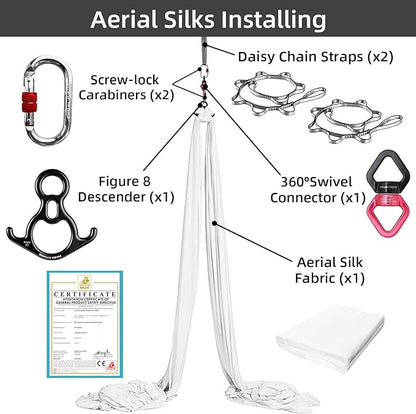 PRIOR FITNESS Aerial Silks Set, Professional Thicker Low Stretch Fabric 9/15/20 Yards Aerial Silk Swing Set with Hardware Guide, Yoga Starter Kit For Home, Aerial Yoga Hammock, Silks for Gymnastics, Antigravity Yoga, Inversion Exercise-All Levels