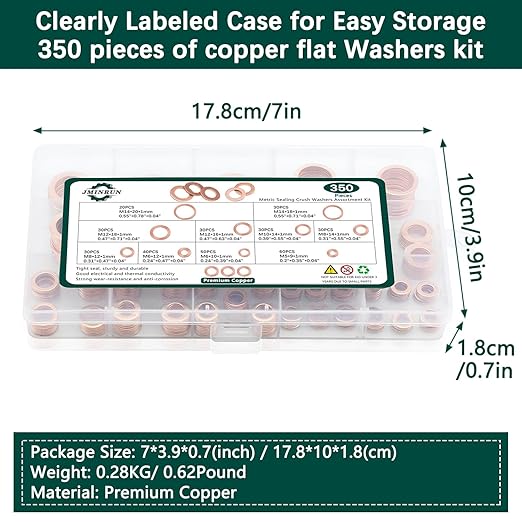 350 PCS, Premium Copper Metric Sealing Crush Washers Assortment Kit, Enhanced Flat Ring Oil Drain Plug Crush Washer Gasket Seal Set, Banjo Bolt Washers for Automotive, Motorcycles （10 Size）