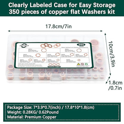 350 PCS, Premium Copper Metric Sealing Crush Washers Assortment Kit, Enhanced Flat Ring Oil Drain Plug Crush Washer Gasket Seal Set, Banjo Bolt Washers for Automotive, Motorcycles （10 Size）