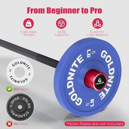 5.5LB Mini Barbell Bar 4Ft for Beginners Women & Kids-100LB Capacity Lightweight Weightlifting Bar- Multi-Color for 2-Inch Weight Plates Total Body Workout Strength Training Home Gym