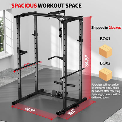 JEEKEE Power Rack with LAT Pulldown, 2000LBS Power Cage with Cable System, Multi-Function Squat