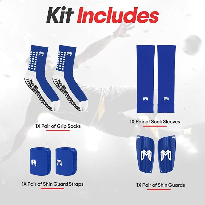 Soccer Grip Socks, Shin Guards, Pre Cut Sock Sleeves, and Guard Straps Bundle Pack - Essential Equipment for Soccer Players - for Mens, Women, Youth, Size 7 to 12 US Men Shoe Size