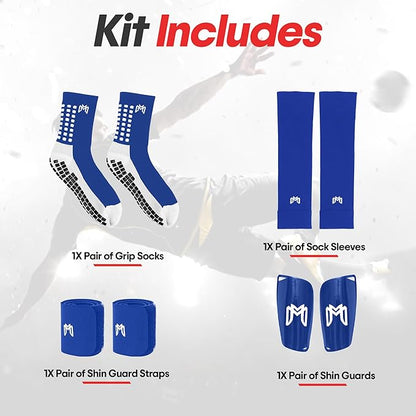 Soccer Grip Socks, Shin Guards, Pre Cut Sock Sleeves, and Guard Straps Bundle Pack - Essential Equipment for Soccer Players - for Mens, Women, Youth, Size 7 to 12 US Men Shoe Size