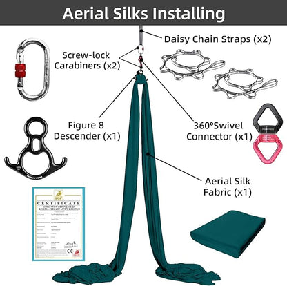 PRIOR FITNESS Aerial Silks Set, Professional Thicker Low Stretch Fabric 9/15/20 Yards Aerial Silk Swing Set with Hardware Guide, Yoga Starter Kit For Home, Aerial Yoga Hammock, Silks for Gymnastics, Antigravity Yoga, Inversion Exercise-All Levels