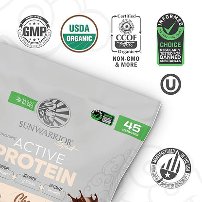 Sunwarrior Organic Plant Based Protein Powder | Vegan Organic Protein Powder with BCAA Amino Acids Plus Recovery Minerals & Botanicals | Non-GMO Soy Dairy & Gluten Free (Chocolate, 45 Servings)