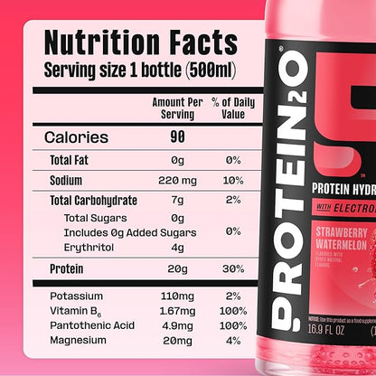 Protein2o Hydration Drink - 2-in-1 Liquid Clear Whey Protein Isolate and Electrolyte Drink - 20g Protein, Vitamins B5, B6 - Post-Workout Recovery - 16.9 Fl Oz - 12 Count Strawberry Watermelon