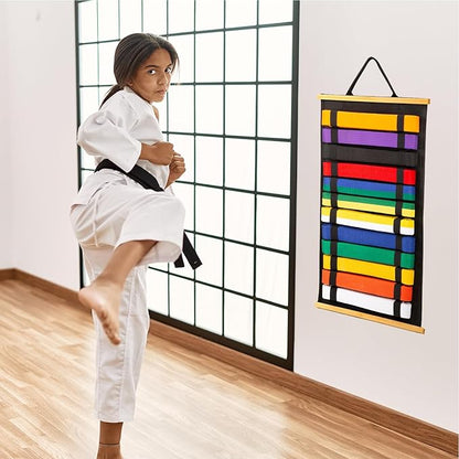 12Belts Karate Belt Display Rack with Bamboo Frame, Felt Taekwondo Belt Display, Martial Art Belt Display Holder for Martial Art Learner, Not Easily Deformed Surprise Choice (Stud Included)