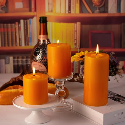 KONNI Orange Pillar Candles Set of 3, 3"x 6" Unscented Pillar Candles Bulk, 56 Hours Long Burning Candles, Smokeless&Dripless Large Round Candle for Wedding, Home Decoration, Parties, Spas, Dinner