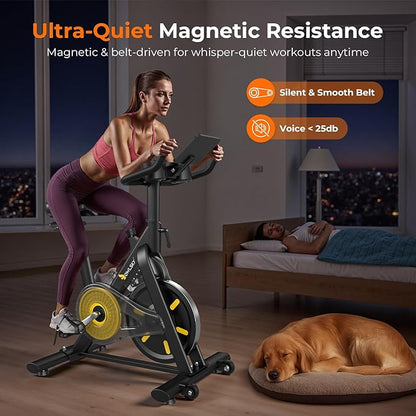 OWLSKY Exercise Bike with APP, Magnetic Resistance Indoor Cycling Bike, 300 lbs Capacity Quiet Stationary Bike for Home Gym Cardio Workout, Adjustable Seat & Tablet Holder
