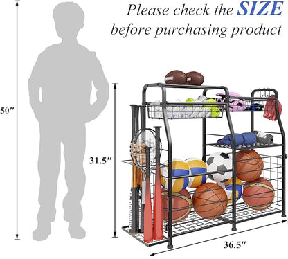 Garage Sports Equipment Organizer - Ball Storage Rack with Elastic Rope or Wire Mesh,Garage Organizer System with Wheels,Indoor/Outdoor Sports Rack for Sports Gear and Toys Storage,Black