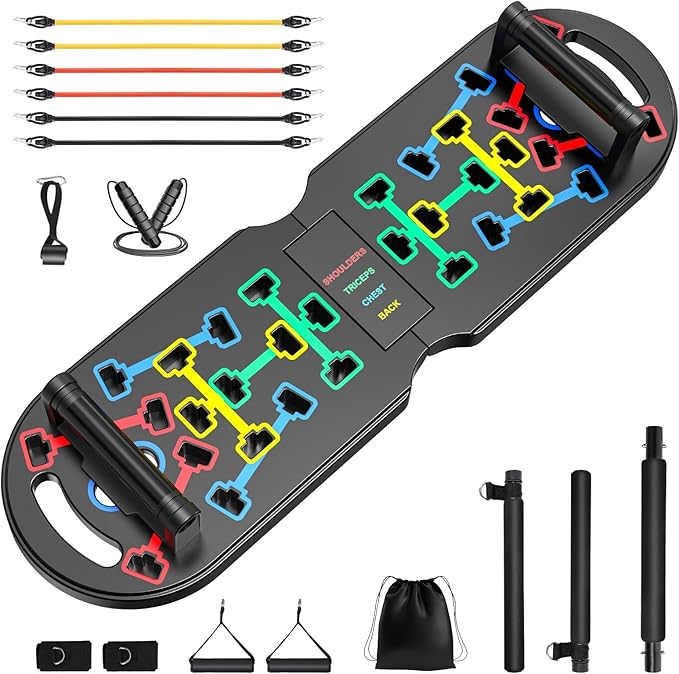 Portable Home Gym Workout Equipment, Push Up Board, Pilates Bar & Fitness Accessories with Resistance Bands for Upper Body Strength Training Full Body Workout at Home