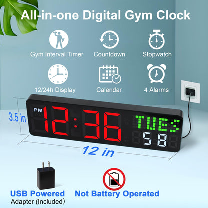 Home Gym Timer, 12'' Interval Workout Clock with Seconds | Remote Control | 5 Display Modes, 4